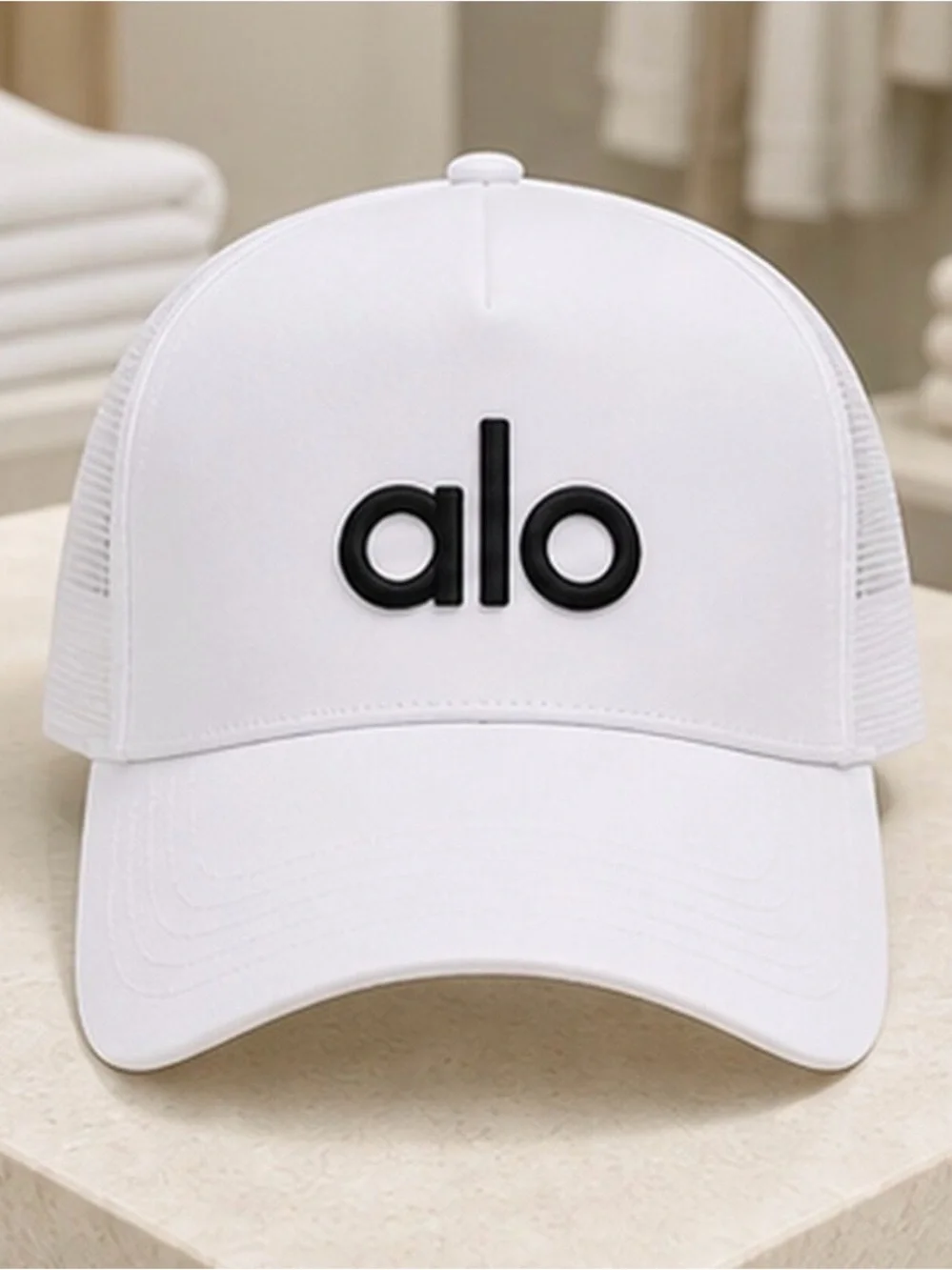 ALO Yoga Women White Trucker Cap with Black Logo